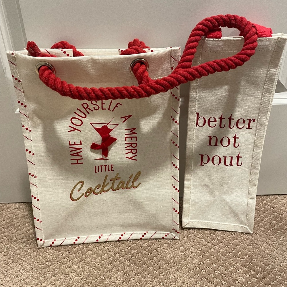 Festive Holiday Cotton Wine Bags with Red Rope Handles